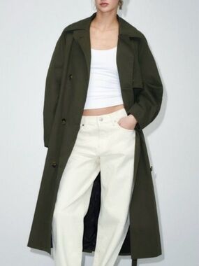 Zara Olive Trench Coat Double-Breasted Oversized